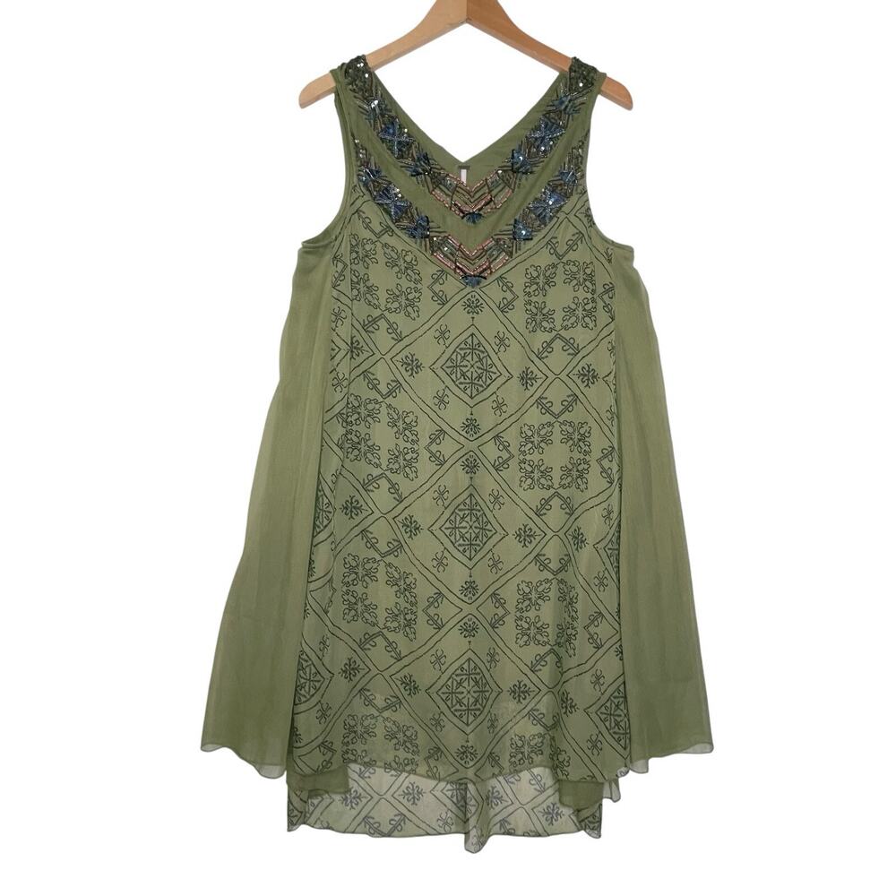 FREE PEOPLE Women’s Ancient Mystery Beaded Green Geo Print Swing Dress - Picture 3 of 8